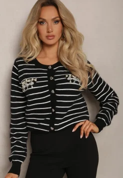 Czarny Kardigan z Wiskozy Ozdobiony Guzikami Cyrkoniami oraz Koralikami w Paski Sereia