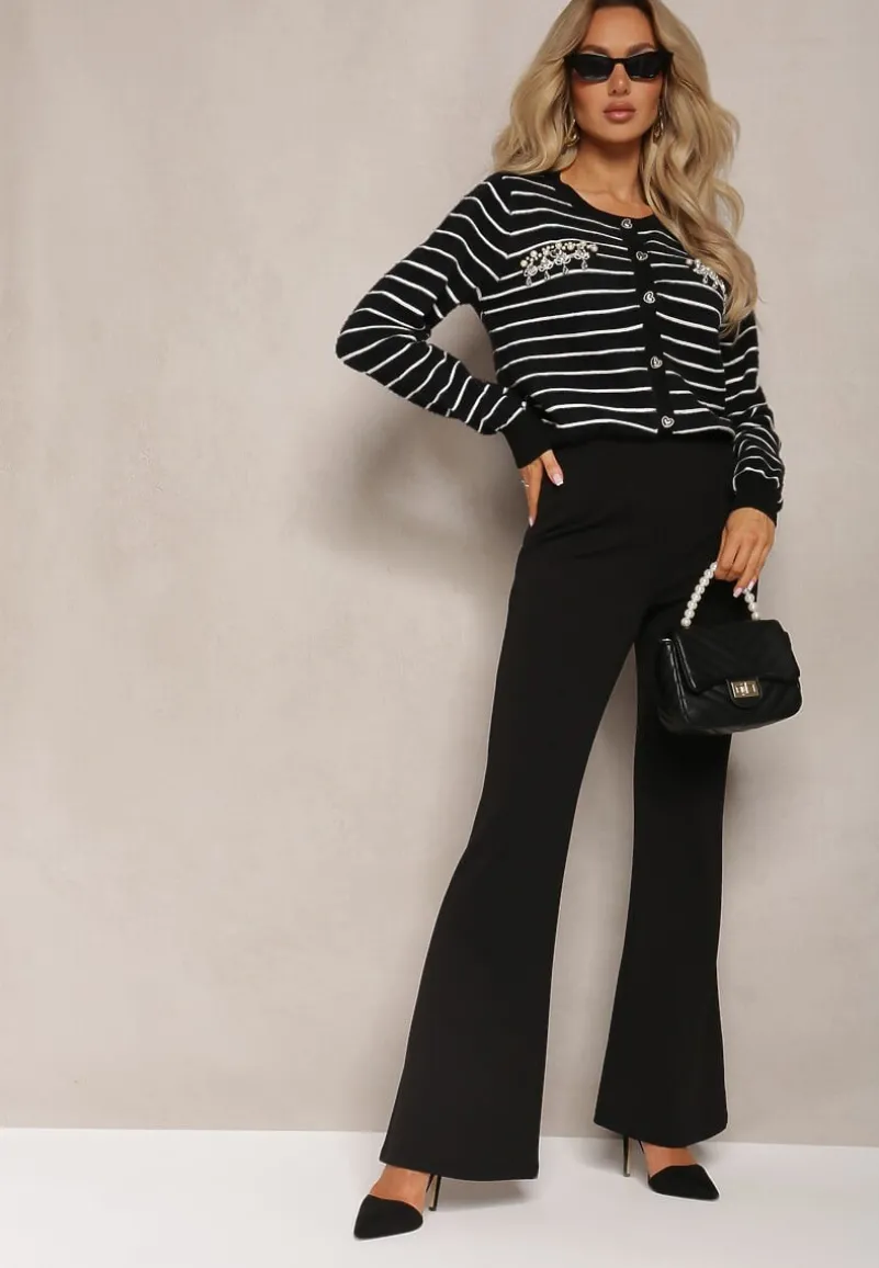 Czarny Kardigan z Wiskozy Ozdobiony Guzikami Cyrkoniami oraz Koralikami w Paski Sereia