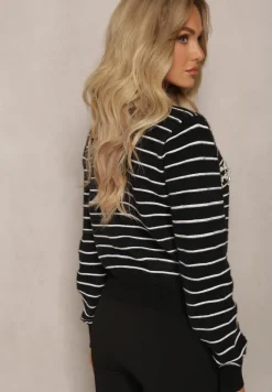 Czarny Kardigan z Wiskozy Ozdobiony Guzikami Cyrkoniami oraz Koralikami w Paski Sereia