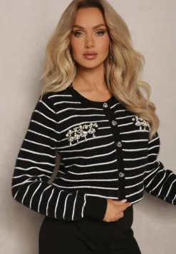 Czarny Kardigan z Wiskozy Ozdobiony Guzikami Cyrkoniami oraz Koralikami w Paski Sereia