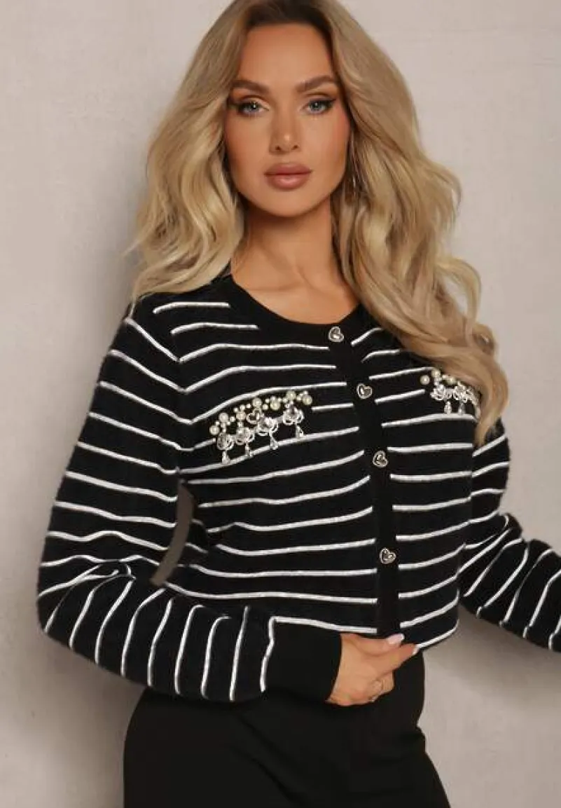 Czarny Kardigan z Wiskozy Ozdobiony Guzikami Cyrkoniami oraz Koralikami w Paski Sereia