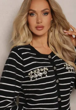 Czarny Kardigan z Wiskozy Ozdobiony Guzikami Cyrkoniami oraz Koralikami w Paski Sereia