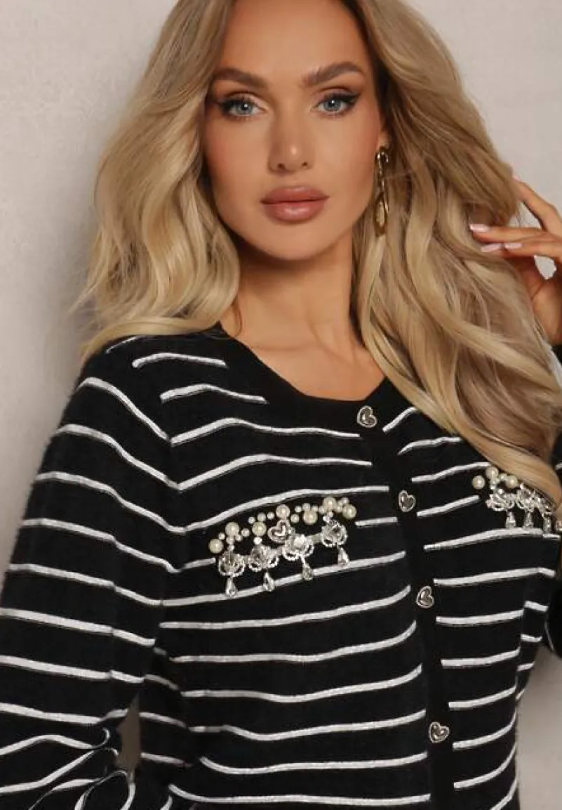 Czarny Kardigan z Wiskozy Ozdobiony Guzikami Cyrkoniami oraz Koralikami w Paski Sereia