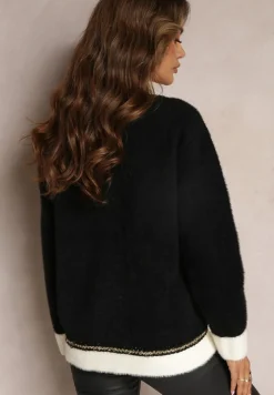 Czarny Kardigan z Wiskozy Ozdobiony Metaliczną Nicią i Guzikami Luamarina