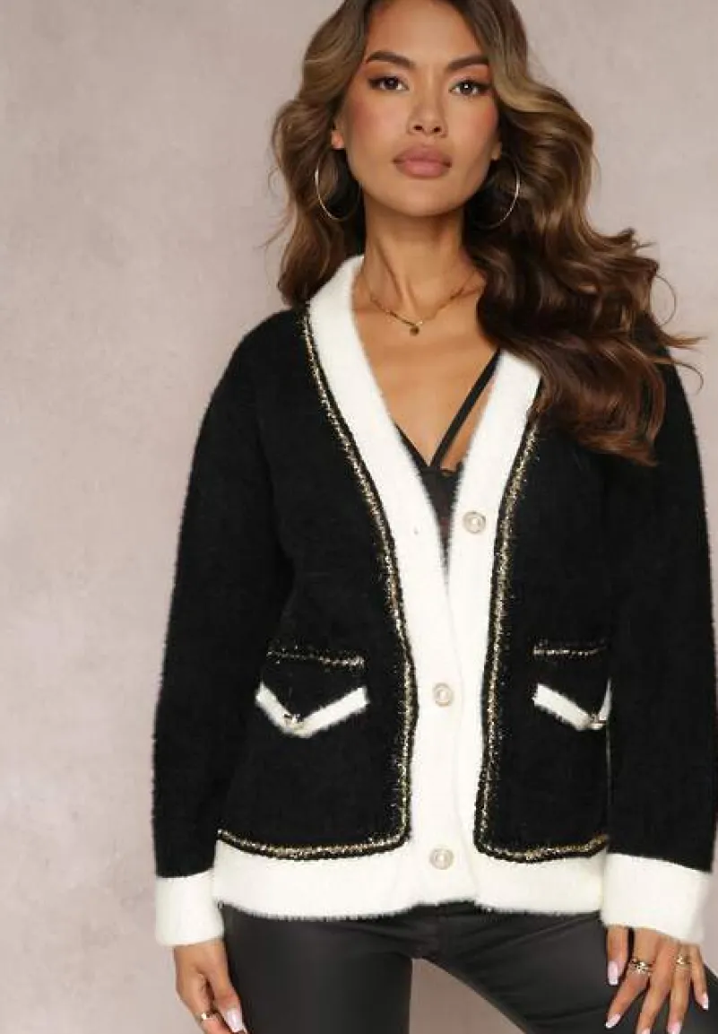 Czarny Kardigan z Wiskozy Ozdobiony Metaliczną Nicią i Guzikami Luamarina