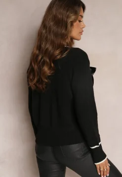 Czarny Kardigan z Wiskozy Zapinany na Guziki z Naszywkami i Cekinami Velafia