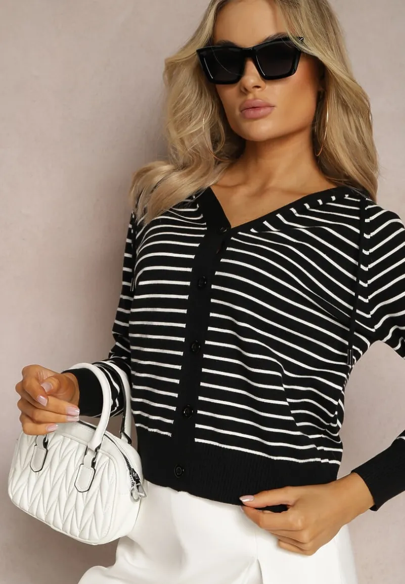 Czarny Kardigan z Wiskozy w Paski z Kapturem i Guzikami Oevira