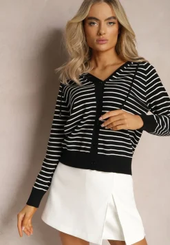 Czarny Kardigan z Wiskozy w Paski z Kapturem i Guzikami Oevira