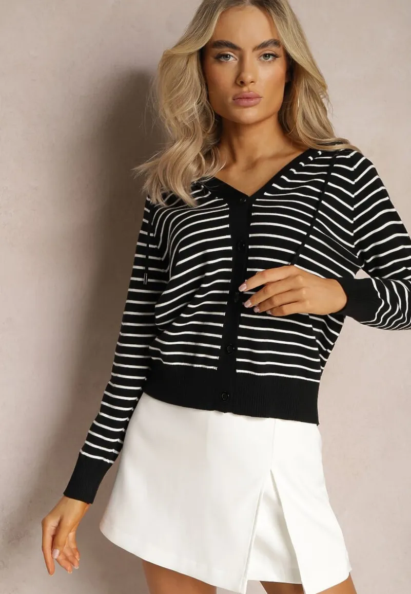 Czarny Kardigan z Wiskozy w Paski z Kapturem i Guzikami Oevira