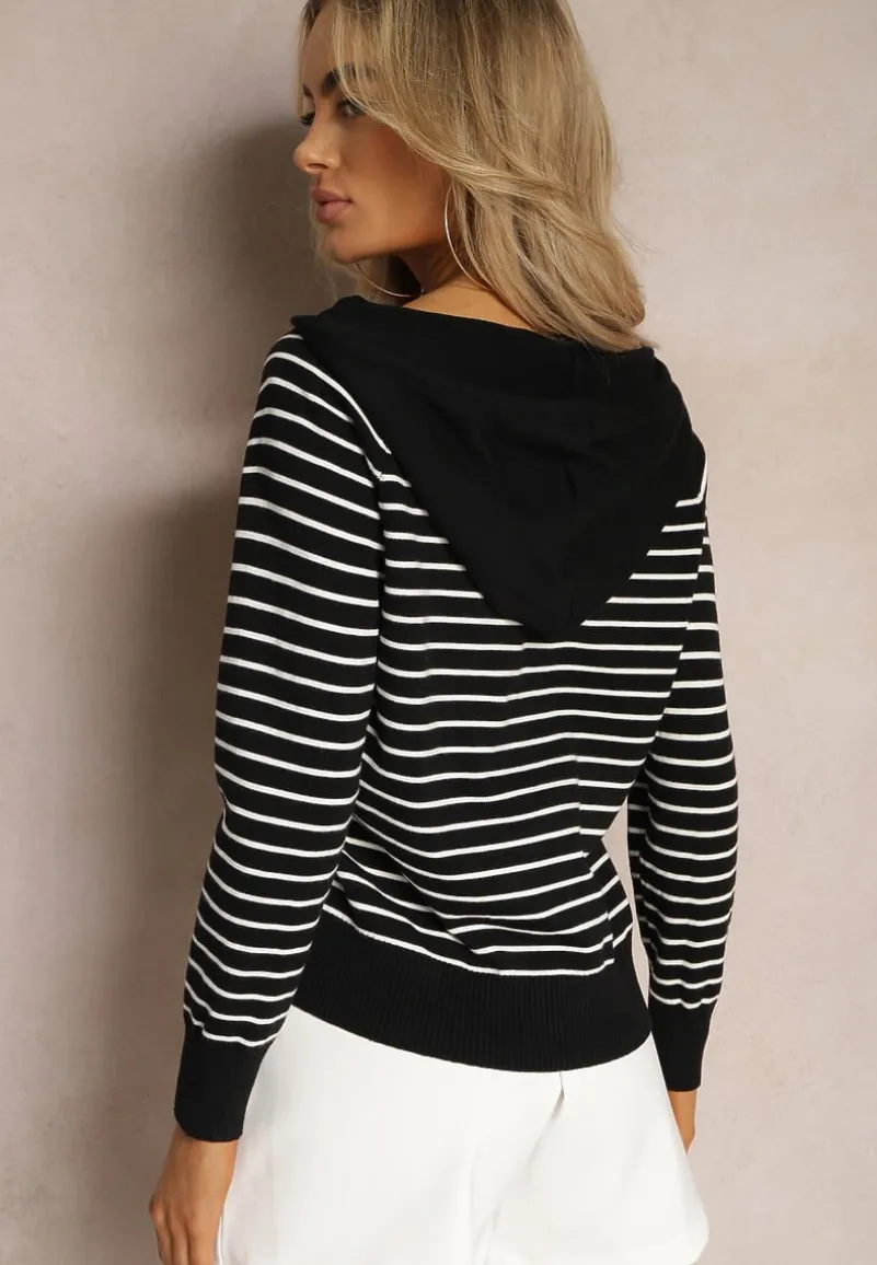 Czarny Kardigan z Wiskozy w Paski z Kapturem i Guzikami Oevira