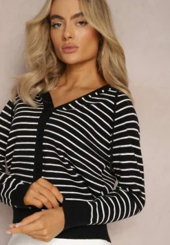 Czarny Kardigan z Wiskozy w Paski z Kapturem i Guzikami Oevira