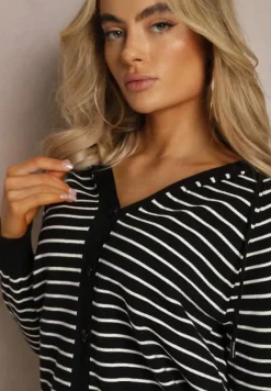 Czarny Kardigan z Wiskozy w Paski z Kapturem i Guzikami Oevira