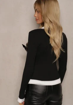 Czarny Kardigan z Wiskozy z Broszką Ozdobiony Łańcuszkiem i Metaliczną Nicią Rileal