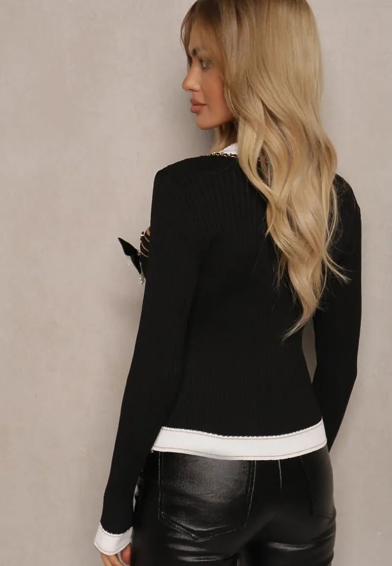 Czarny Kardigan z Wiskozy z Broszką Ozdobiony Łańcuszkiem i Metaliczną Nicią Rileal