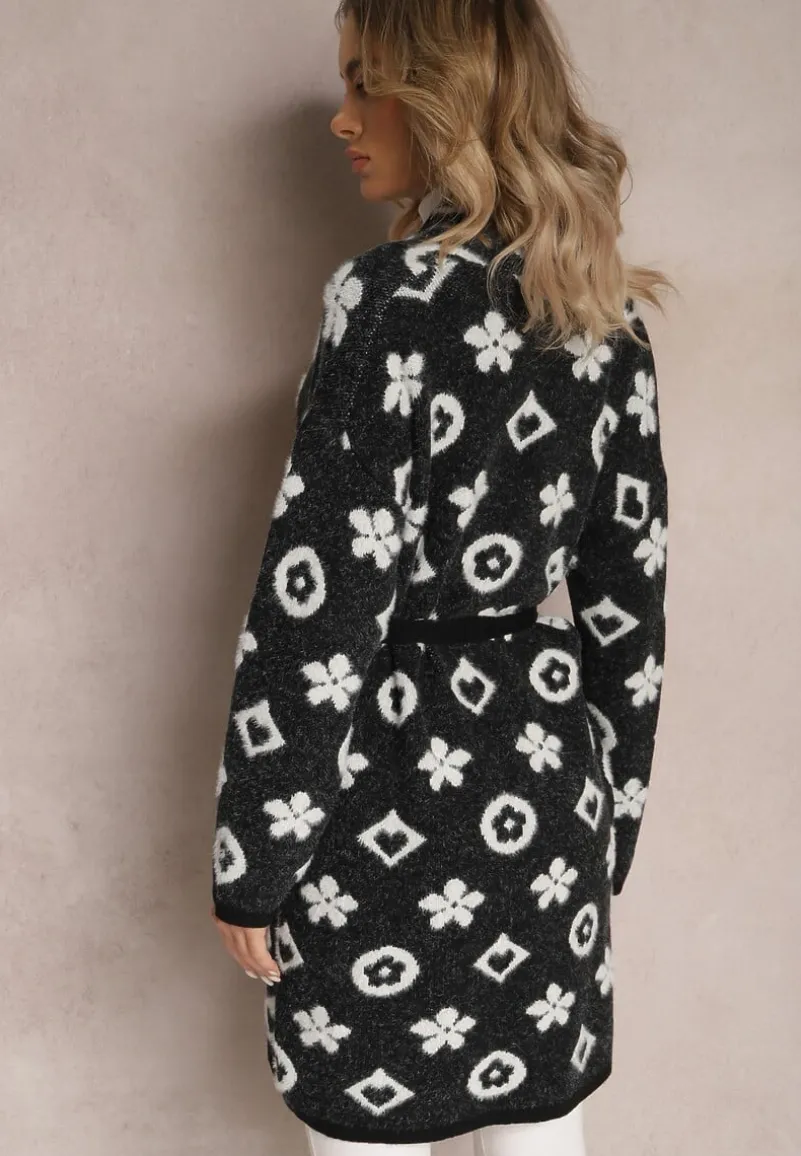 Czarny Kardigan z Wiązanym Paskiem Ozdobiony Wzorem w Kwiaty Timonen