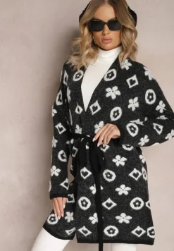 Czarny Kardigan z Wiązanym Paskiem Ozdobiony Wzorem w Kwiaty Timonen
