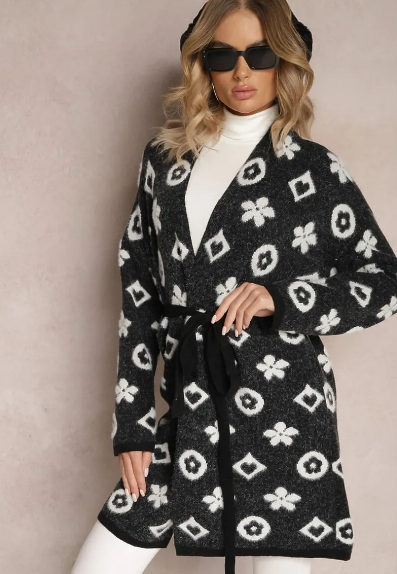 Czarny Kardigan z Wiązanym Paskiem Ozdobiony Wzorem w Kwiaty Timonen