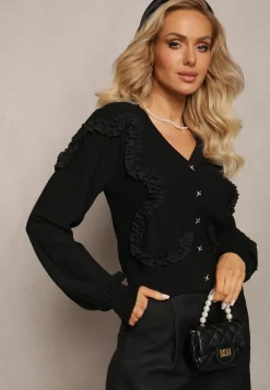 Czarny Kardigan Zapinany z Ozdobnymi Falbankami Diselda