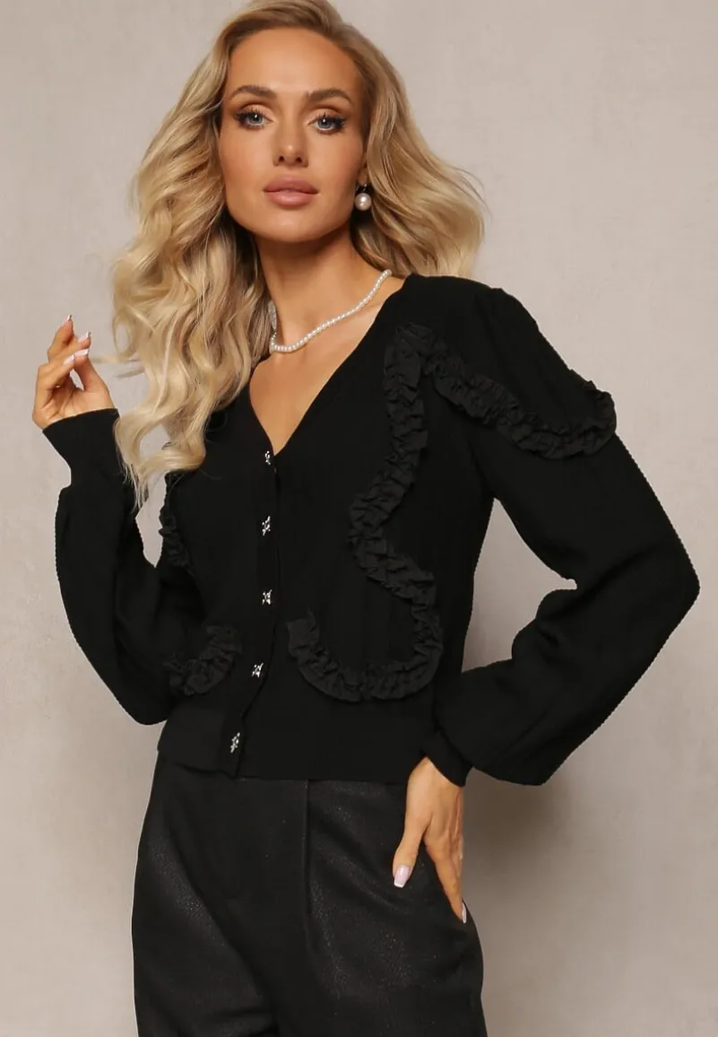 Czarny Kardigan Zapinany z Ozdobnymi Falbankami Diselda