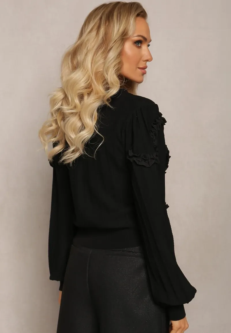 Czarny Kardigan Zapinany z Ozdobnymi Falbankami Diselda