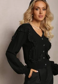 Czarny Kardigan Zapinany z Ozdobnymi Falbankami Diselda