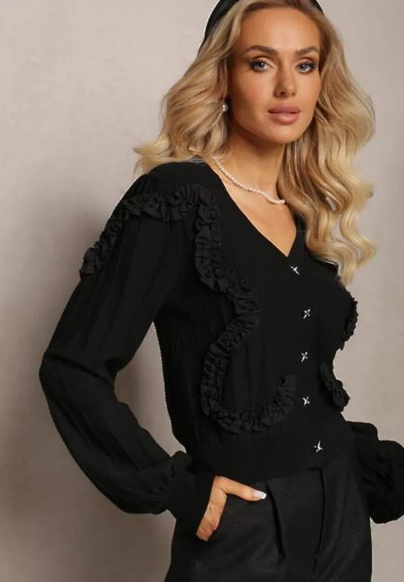 Czarny Kardigan Zapinany z Ozdobnymi Falbankami Diselda