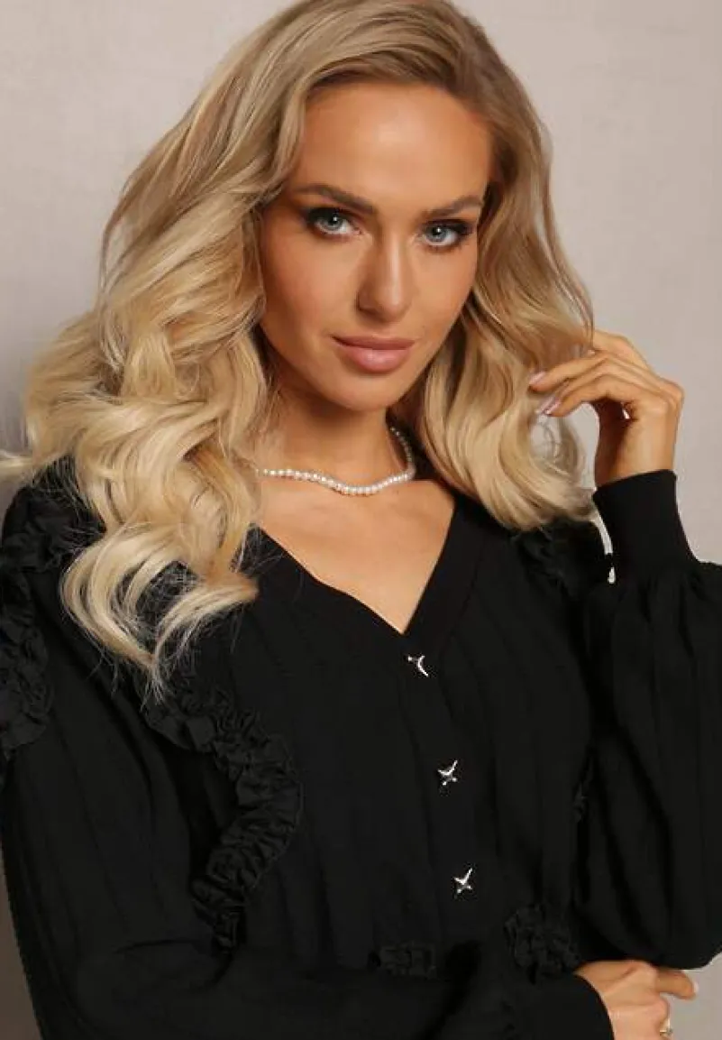 Czarny Kardigan Zapinany z Ozdobnymi Falbankami Diselda