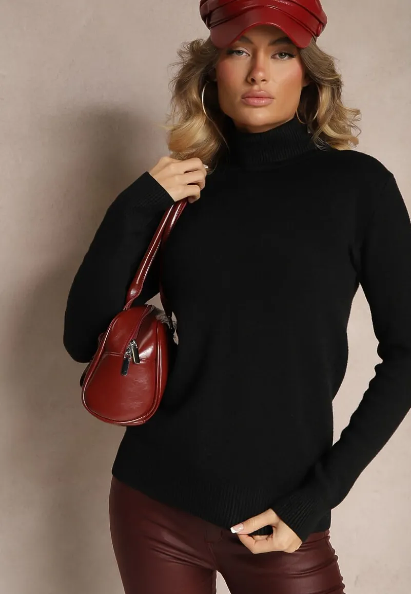 Czarny Klasyczny Golf z Domieszką Wełny Zoziona