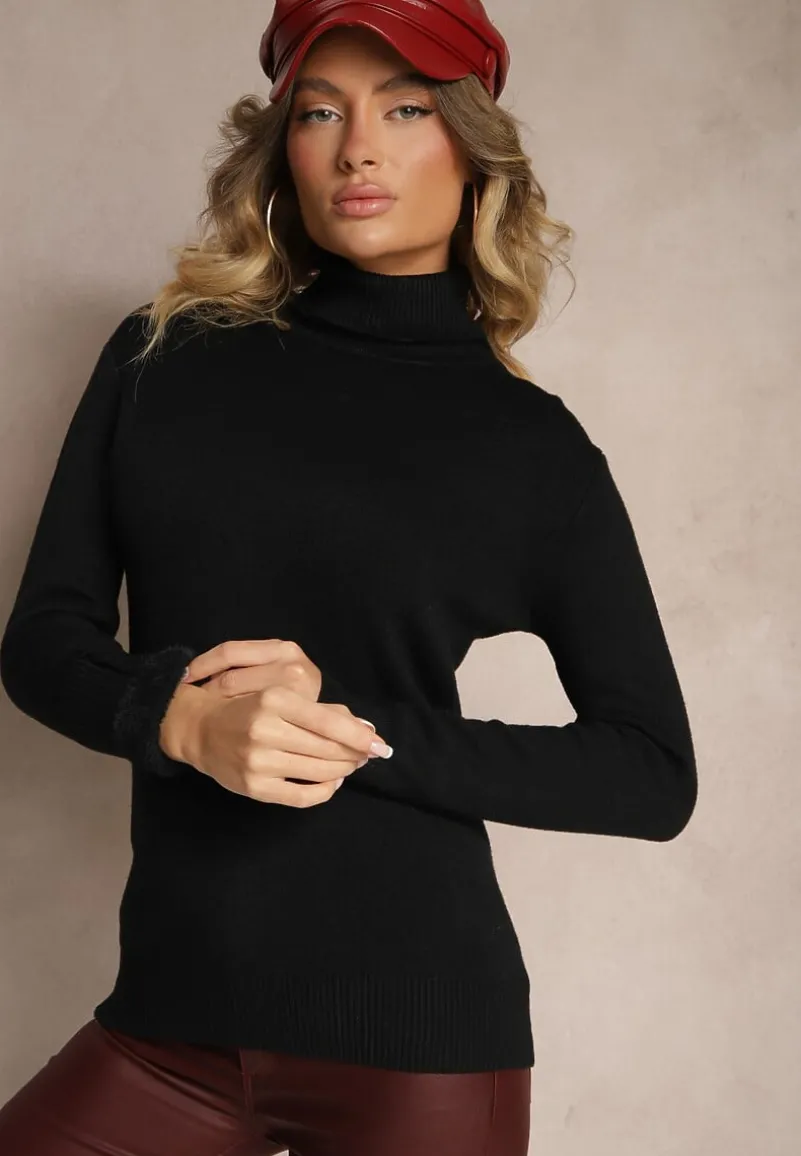 Czarny Klasyczny Golf z Domieszką Wełny Zoziona