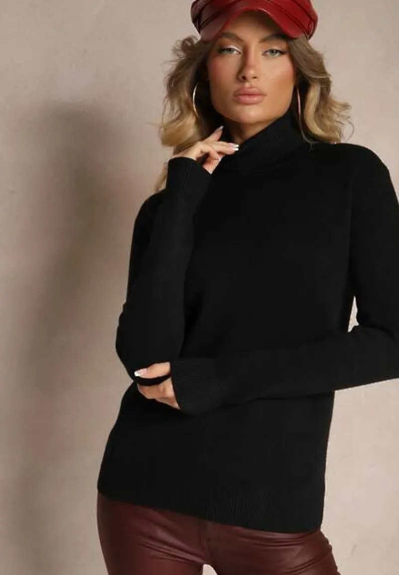 Czarny Klasyczny Golf z Domieszką Wełny Zoziona