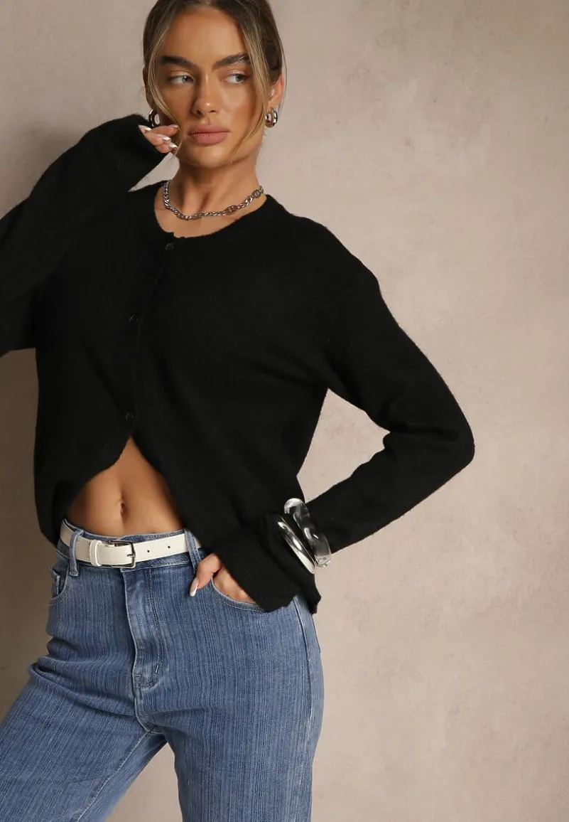 Czarny Klasyczny Kardigan z Zaokrąglonym Dekoltem Reonira