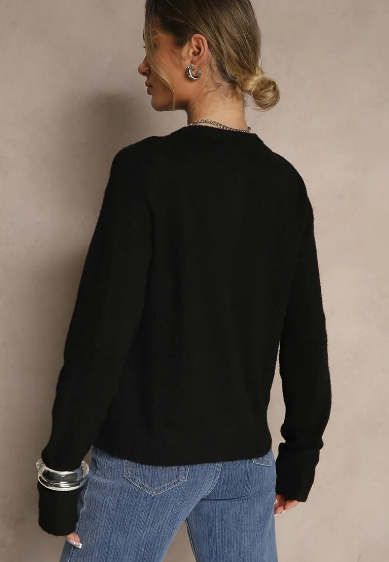 Czarny Klasyczny Kardigan z Zaokrąglonym Dekoltem Reonira