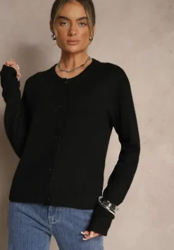 Czarny Klasyczny Kardigan z Zaokrąglonym Dekoltem Reonira