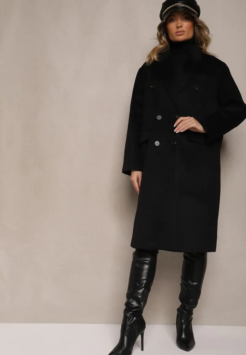Czarny Klasyczny Płaszcz Dwurzędowy z Kieszeniami Tereti