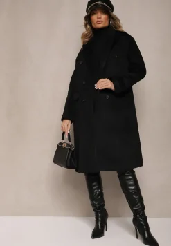 Czarny Klasyczny Płaszcz Dwurzędowy z Kieszeniami Tereti