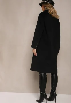 Czarny Klasyczny Płaszcz Dwurzędowy z Kieszeniami Tereti