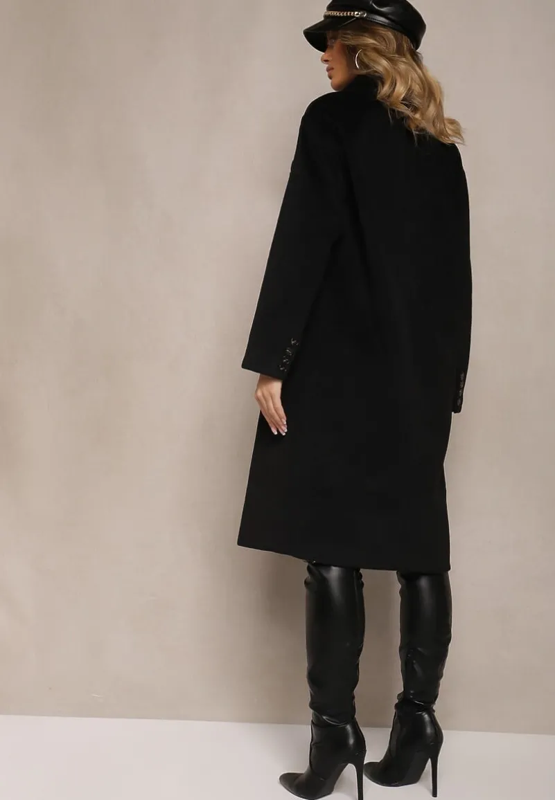 Czarny Klasyczny Płaszcz Dwurzędowy z Kieszeniami Tereti