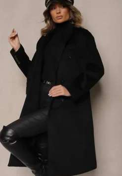 Czarny Klasyczny Płaszcz Dwurzędowy z Kieszeniami Tereti