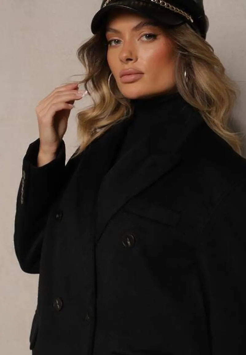 Czarny Klasyczny Płaszcz Dwurzędowy z Kieszeniami Tereti