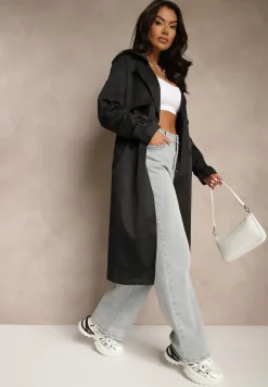 Czarny Klasyczny Płaszcz Trencz z Wiskozą o Dwurzędowym Kroju z Paskiem Mokaia