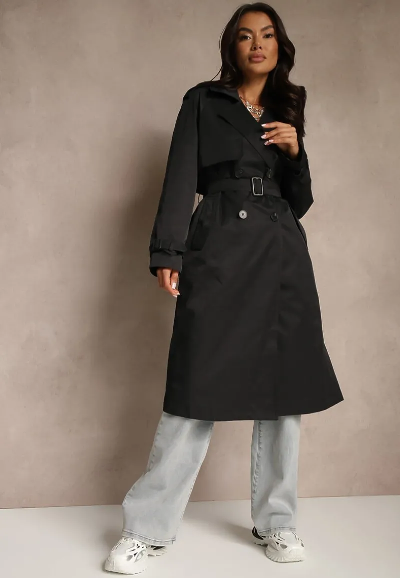 Czarny Klasyczny Płaszcz Trencz z Wiskozą o Dwurzędowym Kroju z Paskiem Mokaia