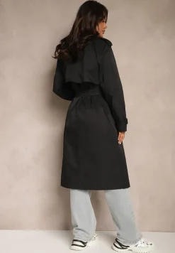 Czarny Klasyczny Płaszcz Trencz z Wiskozą o Dwurzędowym Kroju z Paskiem Mokaia