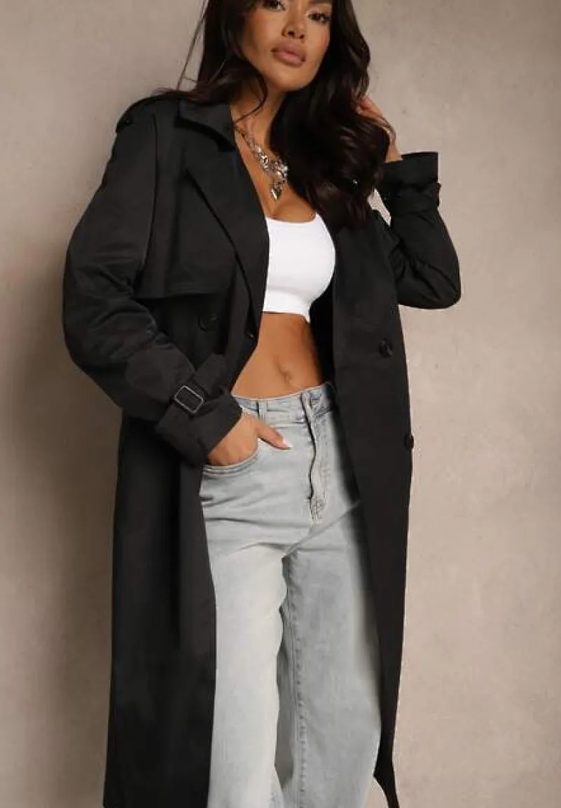 Czarny Klasyczny Płaszcz Trencz z Wiskozą o Dwurzędowym Kroju z Paskiem Mokaia