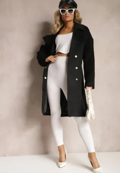 Czarny Klasyczny Płaszcz Wiązany Paskiem w Talii Aniele