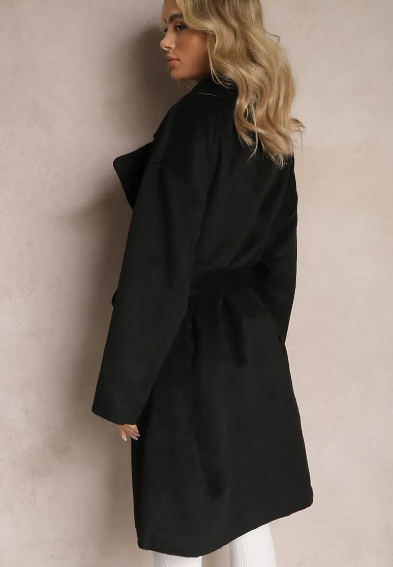 Czarny Klasyczny Płaszcz Wiązany Paskiem w Talii Aniele