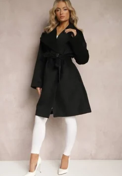 Czarny Klasyczny Płaszcz Wiązany Paskiem w Talii Aniele