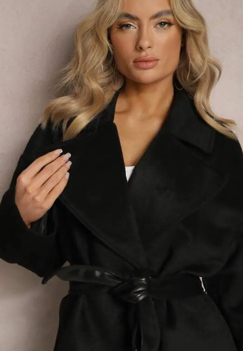 Czarny Klasyczny Płaszcz Wiązany Paskiem w Talii Aniele