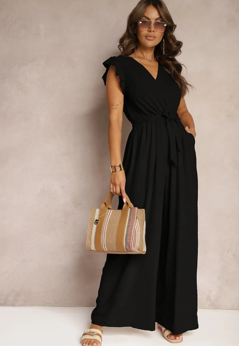 Czarny Koktajlowy Kombinezon Wiązany Paskiem Wykończony Falbankami przy Ramionach Vimaseni