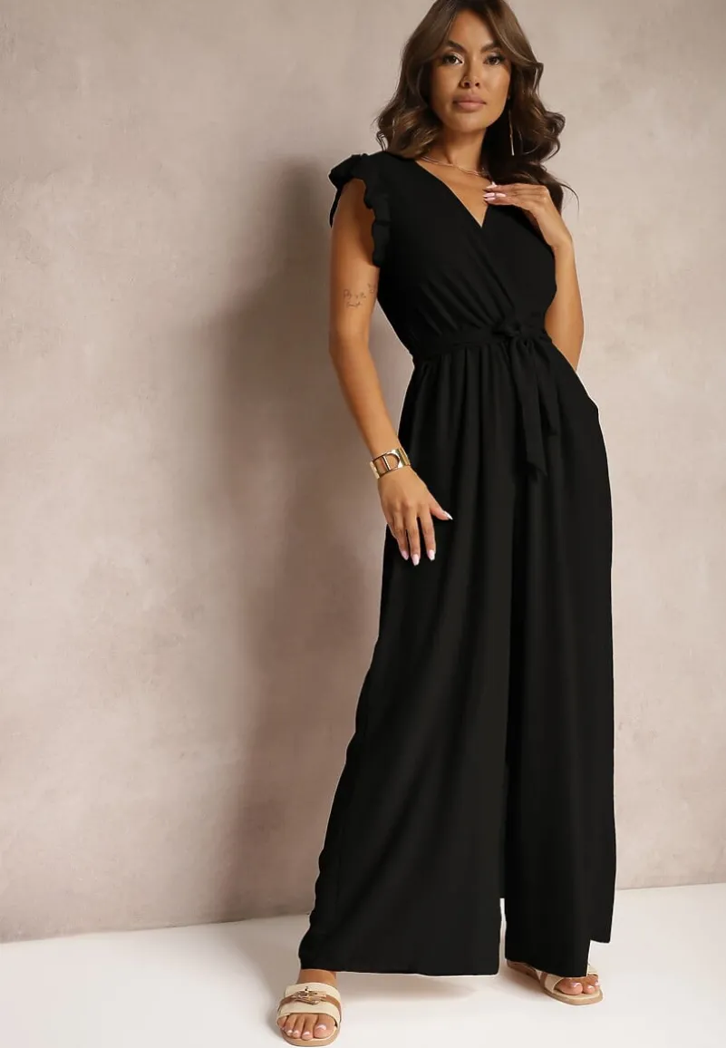 Czarny Koktajlowy Kombinezon Wiązany Paskiem Wykończony Falbankami przy Ramionach Vimaseni