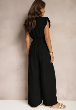 Czarny Koktajlowy Kombinezon Wiązany Paskiem Wykończony Falbankami przy Ramionach Vimaseni